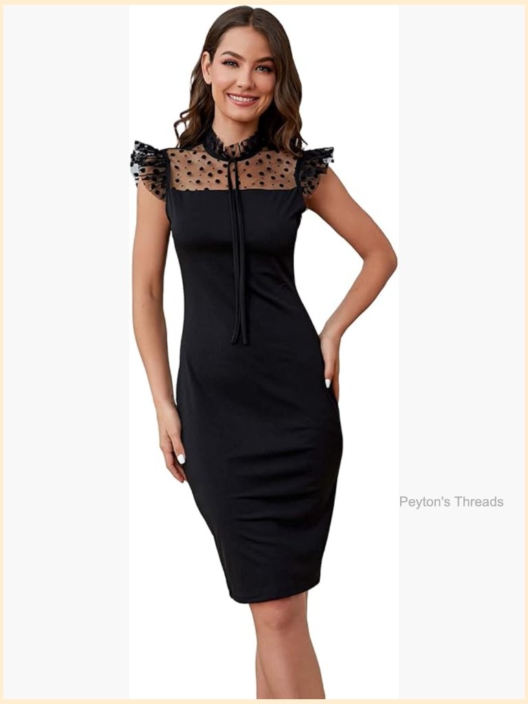 Polka Dots Mesh Mock Neck Ruffle Cap Sleeve Tie Front Bodycon Midi Dress